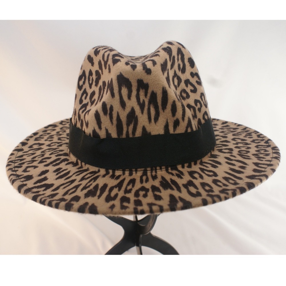 Leopard Print Wide Brim Fedora Rancher Hat Size 57, Animal Print Western Boho